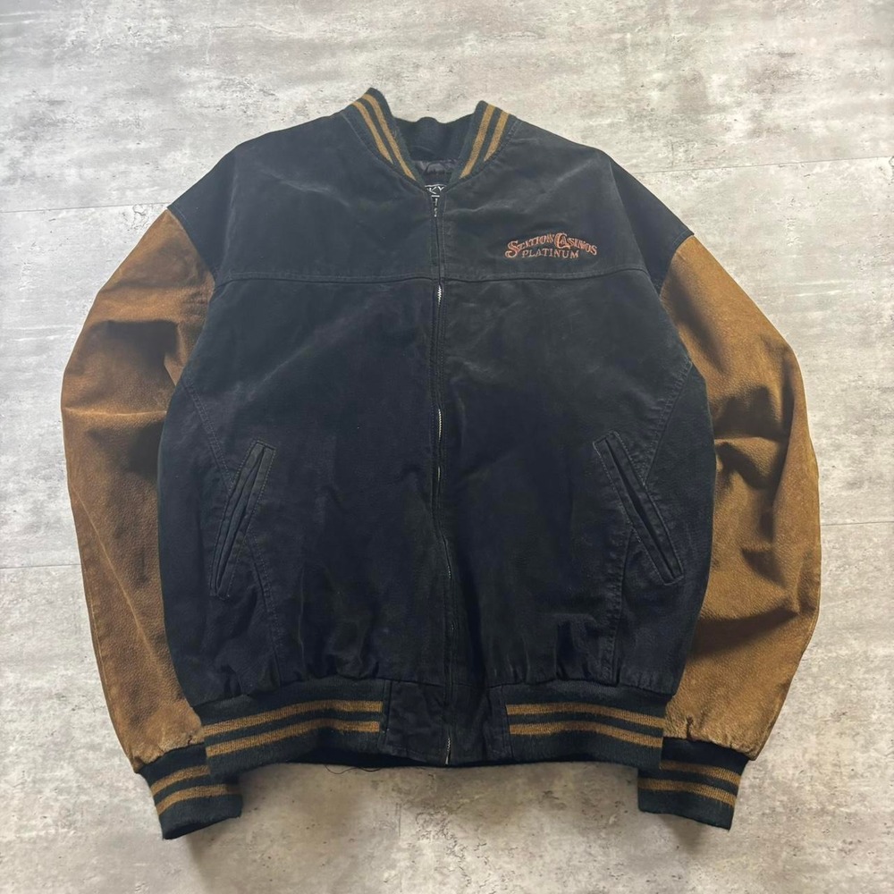 Lucky Leather Co Casino Jacket Mens XL Black Brown Vintage 90s Suede Bomber
